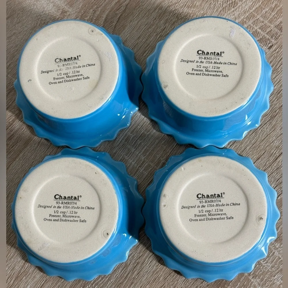 4 Chantal Scalloped Baking Dish Blue Bake Freeze Stonewear 1/2 Cup